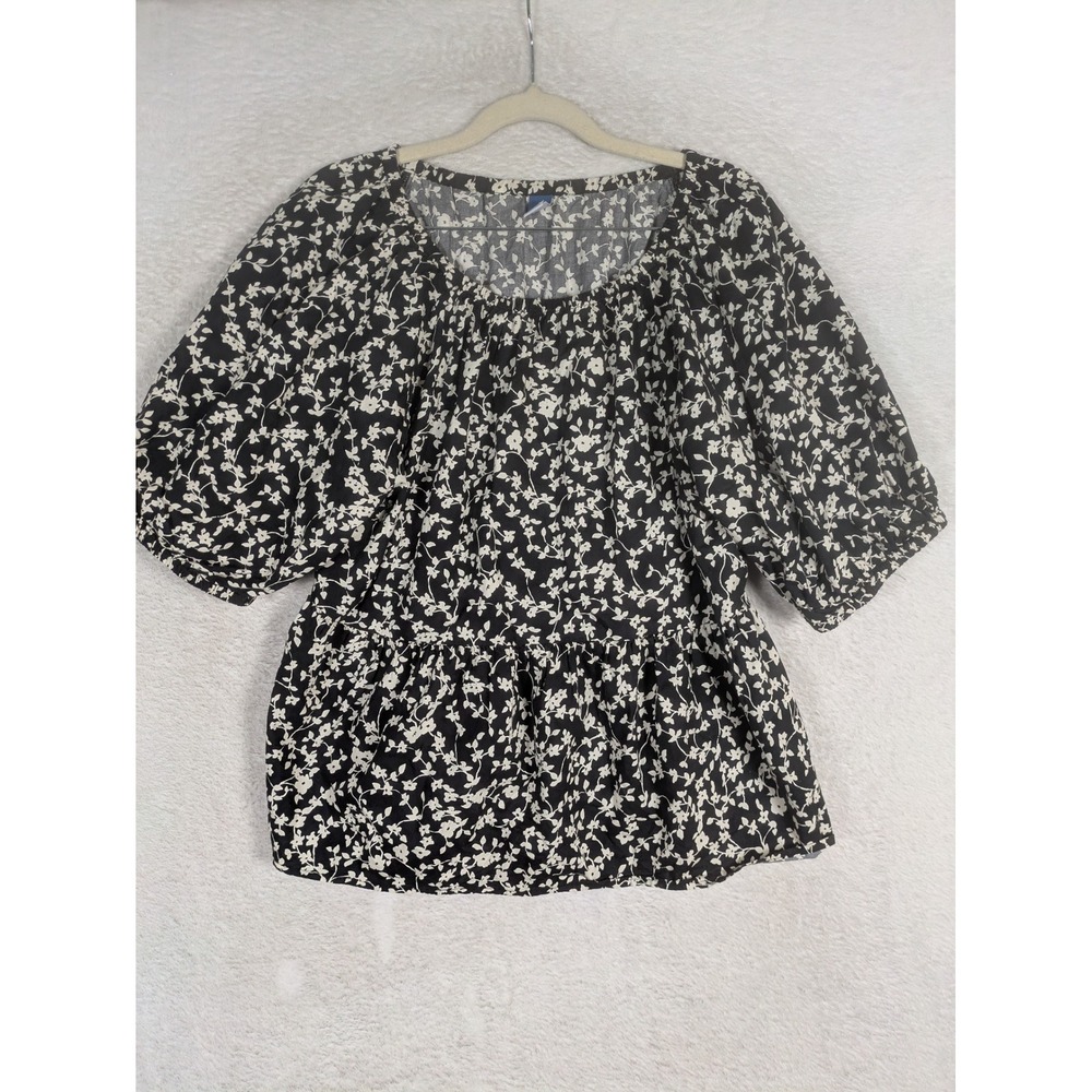 Old Navy Peplum Top Women's L Black Floral Puff Sleeve Scoop Neck 100% Cotton